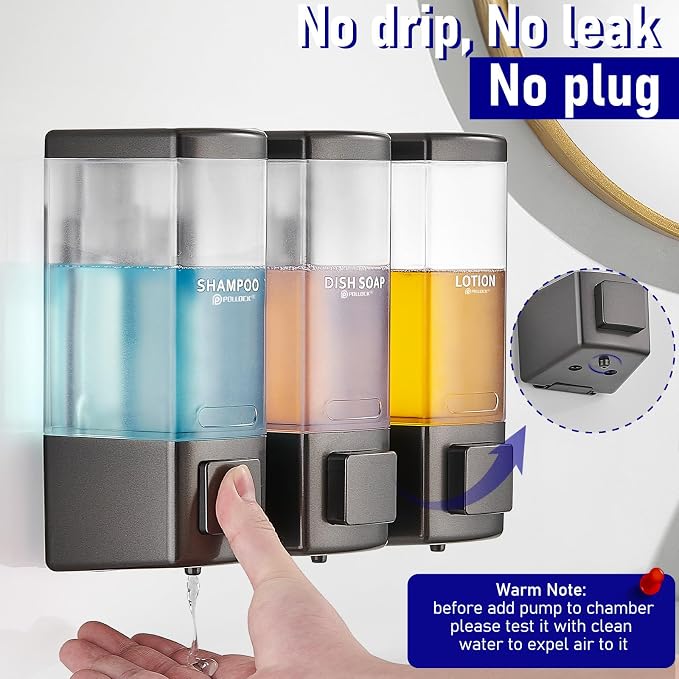Pollock Shampoo and Conditioner Dispenser 3 Chamber * 500ML | Shower Soap Dispenser Wall Mounted, Body Wash Dispenser No Drill, Refillable Shower Dispenser for Bathroom