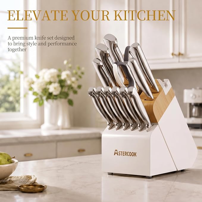 Astercook Knife Set for Kitchen with Block Sharpener 14Pcs Dishwasher Safe | Full Tang Stainless Steel Knives and Anti-Slip Ergonomic Handle Utensils Set