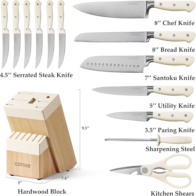 CAROTE 14-Piece Knife Set with Wood Block, Rust-Resistant, Cream | Razor-Sharp High Carbon Stainless Steel Knives, Long-Lasting Sharpness, Forged, Triple-Riveted Ergonomic Non-Slip Handles