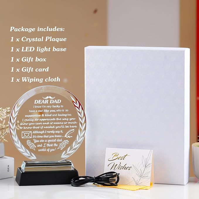 Arikyrist Fathers Day Dad Gifts from Daughter Son Crystal Dad Plaque with LED Light Base Presents for Dad's Birthday Christmas