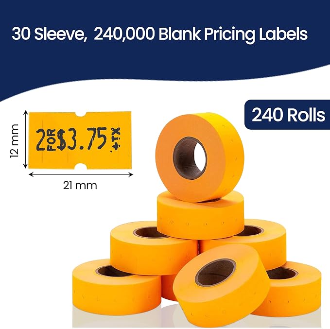 Perco 1 Line Fluorescent Orange Labels - 240,000 Blank Pricing Labels for Perco Lite, X, Plus and Pro 1 Line Price and Date Guns - 240 Rolls, Case of 30 Sleeves - Made in USA
