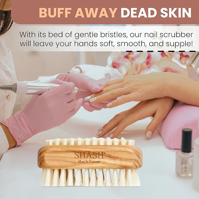 SHASH Made in Germany - 100% First Cut Boar Bristle Nail Brush - Gently Removes Dirt, Grime for Clean Hands - Exfoliates Skin for Soft, Smooth Texture, Wood (Olive)