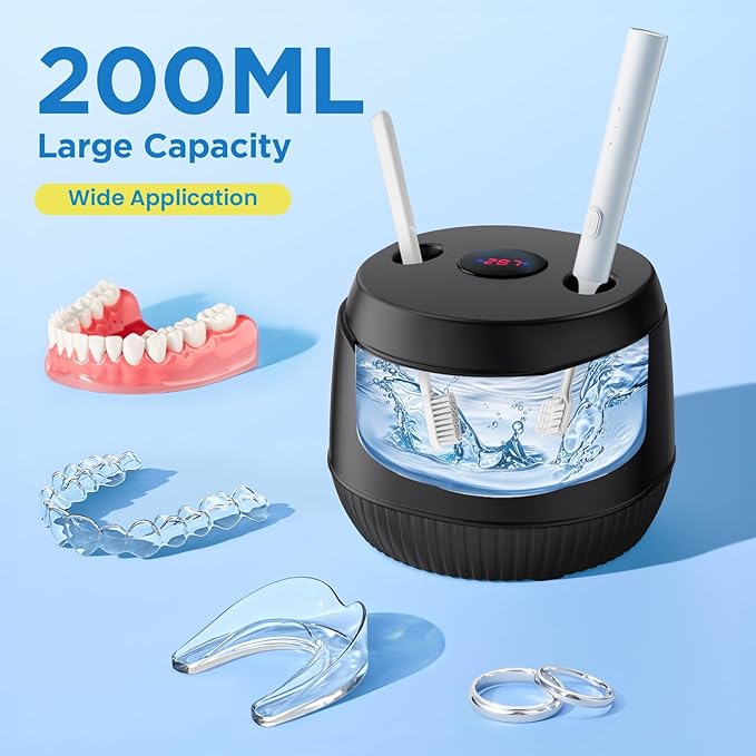 Dental Ultrasonic Retainer Cleaner Machine: 45kHz Dental Cleaning Pod with Digital Timer & 200ML, Cleaning for Dentures, Mouth Guards, Aligners, Night Guards, Braces, Toothbrush Heads & Jewelry, Black