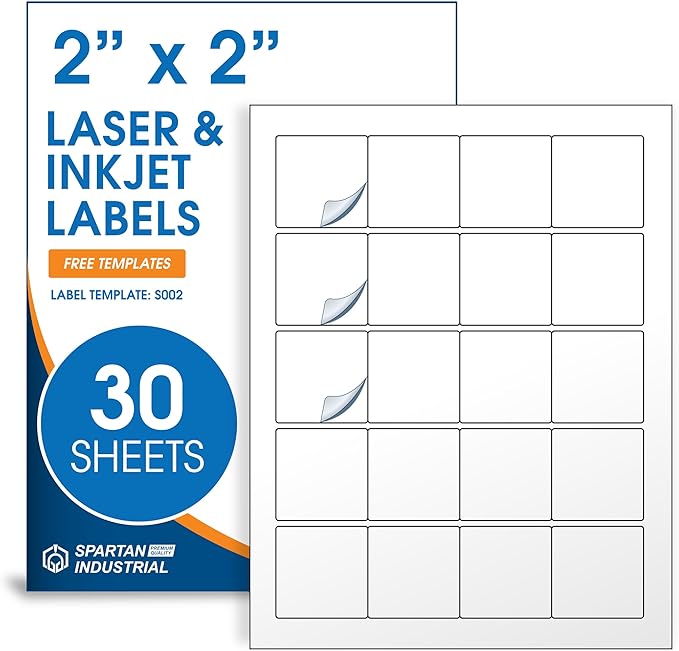 2" X 2" Matte White Printable Labels (30 Sheets, 600 Stickers) Custom Labels, Logo Stickers, QR Codes for Laser & Inkjet Printers - Spartan Industrial Template S002
