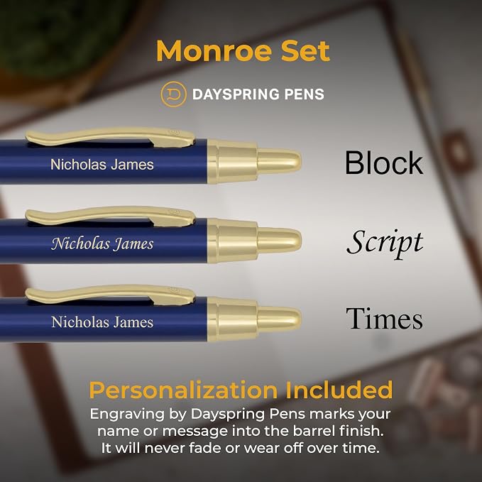 Dayspring Pens Monroe Blue Ballpoint Pen and Pencil Set, Gold Accents, Custom Engraved — Graduation, Promotion, Anniversary, or New Job Gift