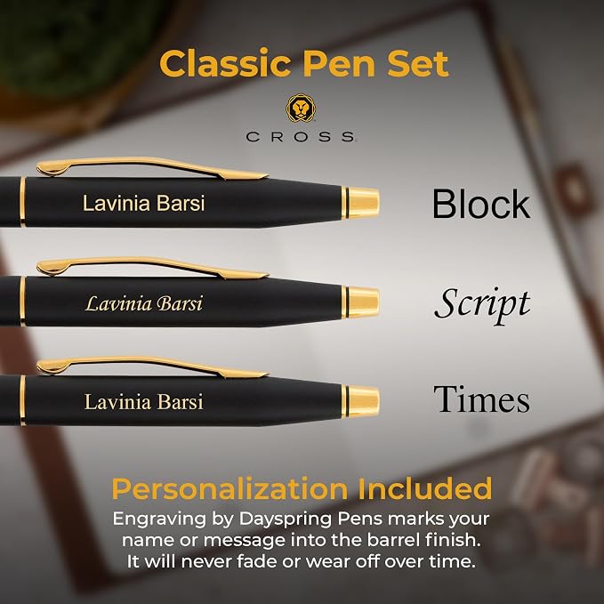 Cross Classic Century Engraved Ballpoint Pen and 0.7mm Pencil Set, Matte Black with 23k Gold Trim, Personalized Gift for Graduation, Retirement, Career Advancement, Gift Box Included