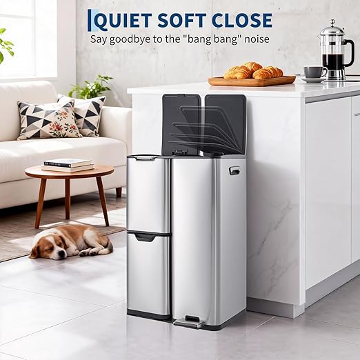 16 Gal Recycle Bins for Kitchen, Triple Compartment Garbage Can with Lid, Stainless Steel Trash and Recycling Bin Combo with Inner Bucket & Foldable Foot Pedal for Home Office, Silver