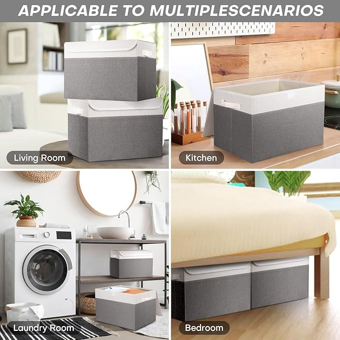 Bagnizer Large 17" 42 Quarts Collapsible Stackable Storage Bins with Lids [3-Pack] Foldable Fabric Linen Storage Boxes Cube, Closet Organizer Baskets with Label (16.7 x 12 x 12, Gray & White)