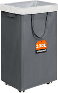 CHICVITA 100L Rolling Laundry Basket with Wheels, Large Collapsible Laundry Hamper with Removable Wash Bag Space for Corner Dorms, Grey