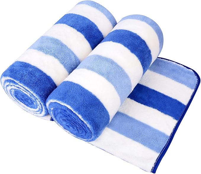 JML Bath Towels Set, 2 Pack, 30" x 60", Cabana Stripe Blue | Hanging Loop, Lint Free, Oversized, Soft, Super Absorbent,Fast Drying, Perfect for Shower, Sauna, Gym, Sports, Fitness, Yoga