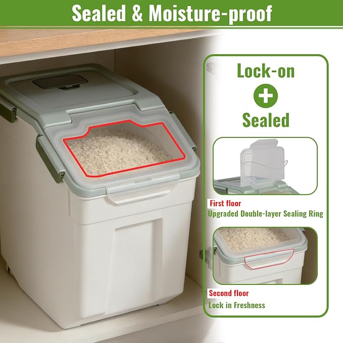 2 Pack Rice Container 50 lbs Large Bulk Flour Sugar Storage Holdhouse Plastic Grain Cereal Dry Goods Bin with Spoon and Measuring Cup for Kitchen Pantry Organization - Green