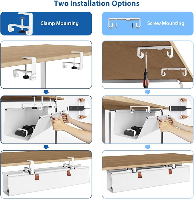 Zilink Under Desk Cable Management 30" No Drill Desk Cable Management Tray Clamp/Screw Mount Cable Tray Sturdy Waterproof Fabric Cord Organizer for Office, Home, White