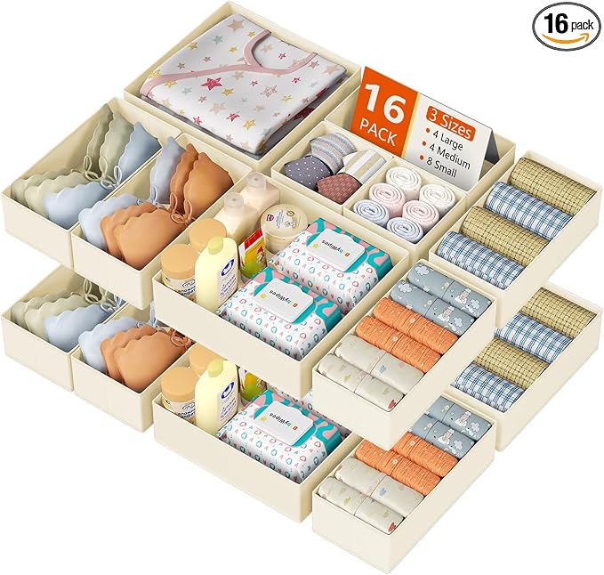 DIMJ Drawer Organizer Clothes 16 Pack - Foldable Baby Organizers and Storage & Dresser Organizer for Bedroom, Closet - Nursery Organization Dresser Dividers for underwear, Sock,Bra, Belt, Tie, Beige