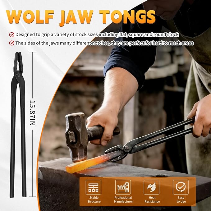 Blacksmith Tongs Set 5PC: Wolf Jaw Tongs, V-Bit Bolt, Flat, Blade, Square Jaw; Blacksmith Tools Set for Knife Making Forge Tongs, High-Strength Forged Steel for Blacksmith & Bladesmiths