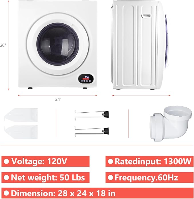 Euhomy Portable Dryer, 1400w, 2.65 Cu.Ft. Clothes Drying Machine with Exhaust Hose, Compact Dryer with Stainless Steel Drum, LCD Display, Suitable for Home, Apartment, RV