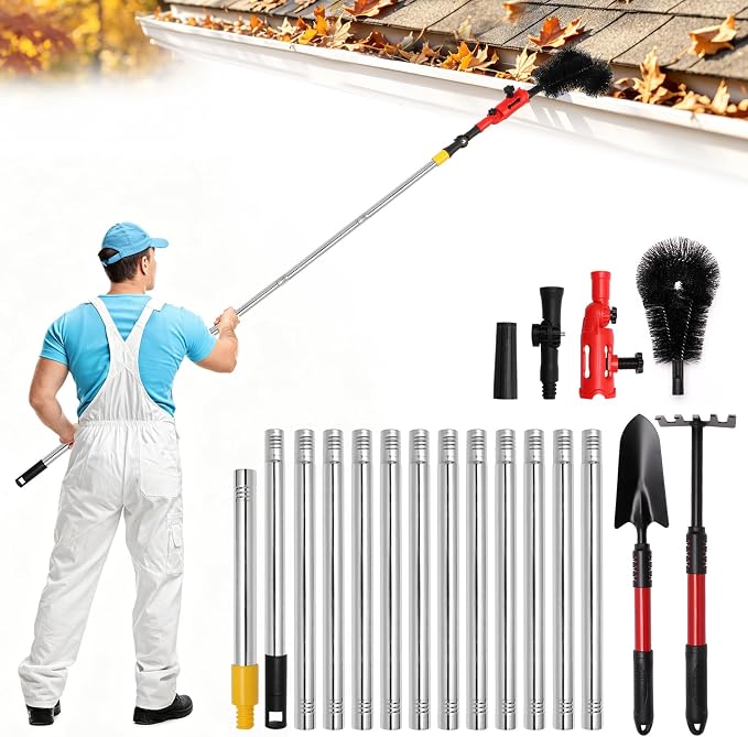13FT Gutter Cleaning Tools from Ground, 6-in-1 Brush & Rake Kit | No Climbing Needed. Dual Universal Clamps for Any Angle. 13FT Extension Poles. Gutter Cleaner Tool with Scoop, Rake & Brush.