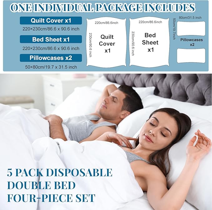 Preboun 5 Sets Disposable Bed Sheets Disposable Sheets Travel Sheets for Hotel Include Bed Sheets Quilt Cover Pillowcases Portable Soft White Cover for Travel Business Trip Spa Hospital