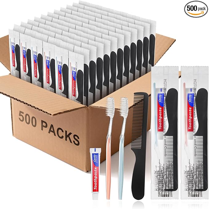 500 pcs Disposable Toothbrushes with Toothpaste and Comb for Homeless Individually Wrapped,10g Travel Toothpaste,7inch Black Hair Comb, Toothbrush for Hotel,AirBnb,Shelter,Charity