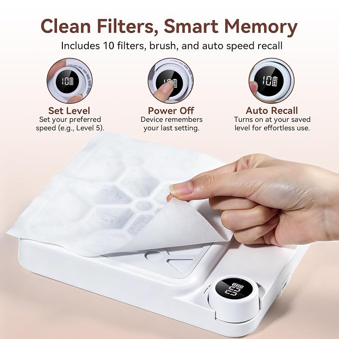 Makartt Compact Rechargeable Nail Dust Collector - 5500RPM Dust Collector Nail Tech ERYNOS Adjustable Speed,Quiet for Polishing Cuticle Manicure Salon&Home Use With 10pcs Filters&Dust Brush White