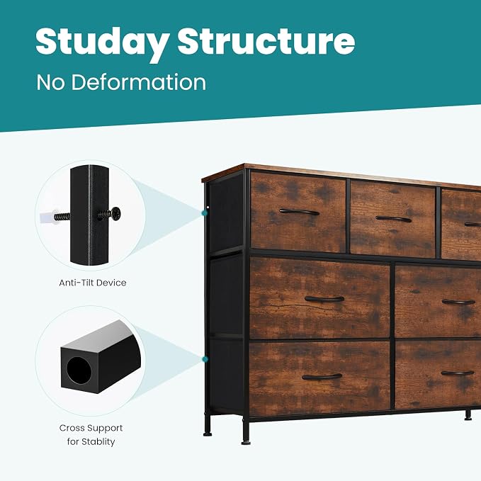OLIXIS 7 Drawer Dresser for Bedroom, Wide Fabric Storage Tower with Wooden Top and Metal Frame, Closet Chest Organizer Furniture, TV Stand for Living Room Hallway, Rust Brown