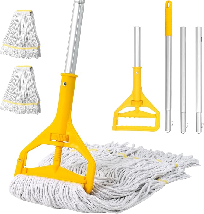 Commercial Mop Heavy Duty Industrial Mop- 3 Extra Large Cotton Looped Heads, 61" Aluminum Handle Mops for Concrete/Tile/Garage Floors-Home, Kitchen