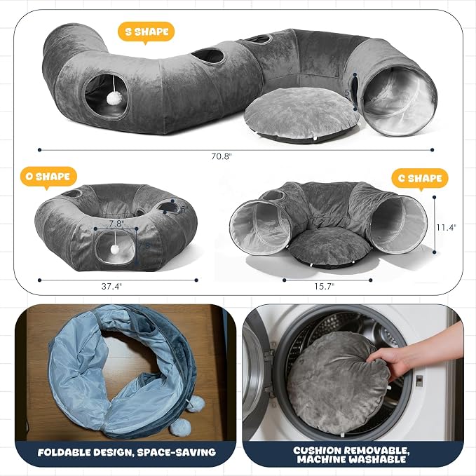 Cat Tunnel with Bed, Large Foldable Pet Donut Tunnel Interactive Cat Toys | Plush Cat Play Tunnel Toys with Ball, Peekaboo Cave Bed Cat Tunnel for Large Cats, Kittens, Rabbits, Puppies - Grey