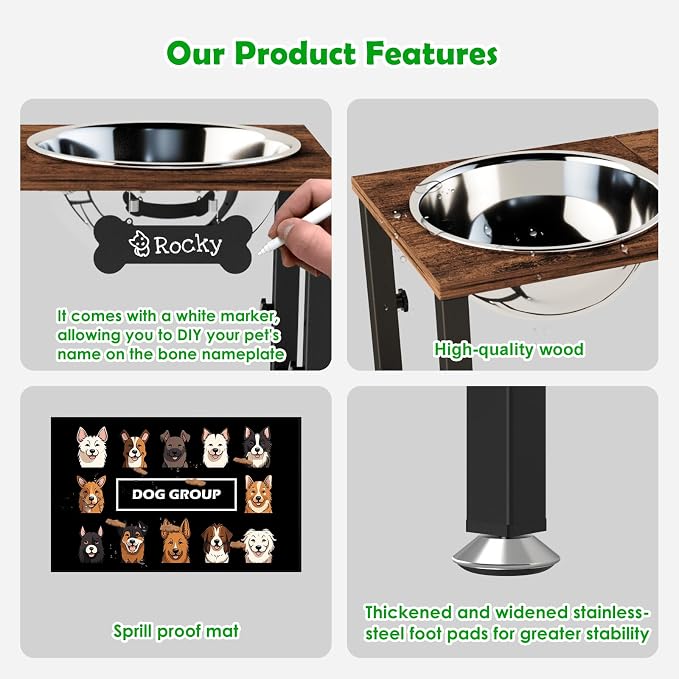 SHAINFUN Elevated Dog Bowls with Mat for Large & Extra Large Dogs, Raised Dog Bowl Stand with 2 Stainless Steel Bowls, Tall Dogs Food Water Bowl Holder