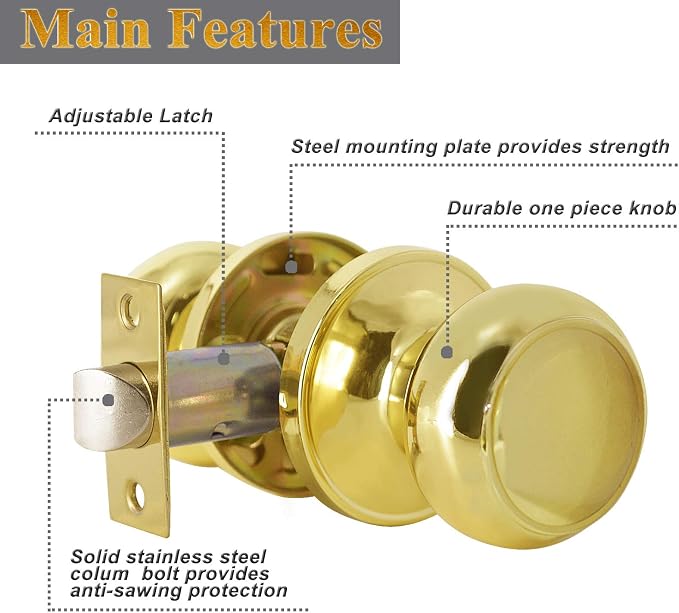 Probrico Keyless Flat Ball Door Knob, Non-Locking Passage Door Hardware in Polished Brass for Closet, Hallway & Passage Handle, 1 Pack
