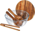 4.8QT Glass Salad Bowl Set, Lid Doubles as Charcuterie Board | 5-Piece Set, Utensils Included, Microwave Safe Glass, Dishwasher Safe, Airtight Lid, Perfect for Potlucks & Gifting
