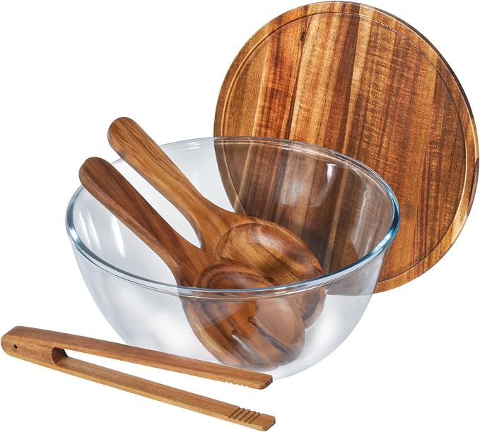 4.8QT Glass Salad Bowl Set, Lid Doubles as Charcuterie Board | 5-Piece Set, Utensils Included, Microwave Safe Glass, Dishwasher Safe, Airtight Lid, Perfect for Potlucks & Gifting
