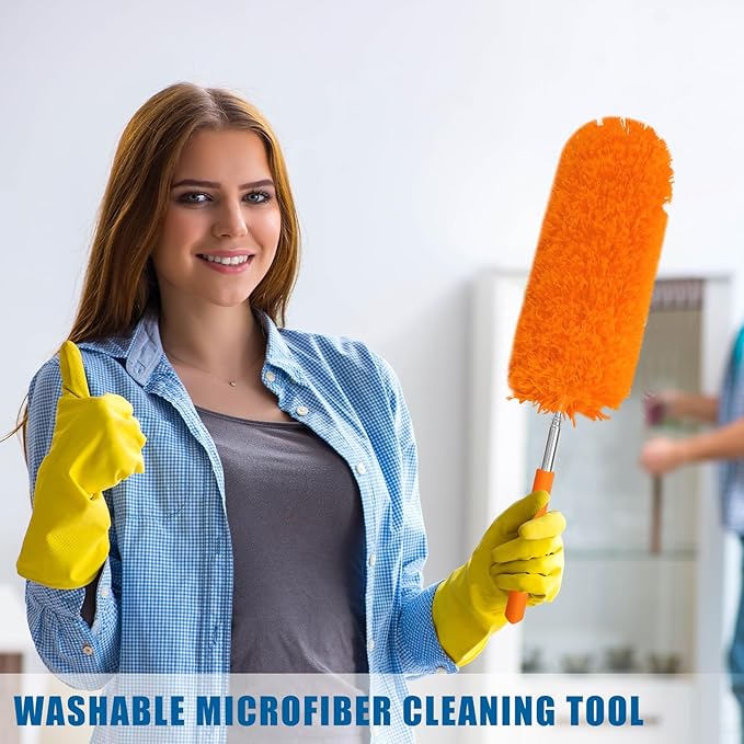 Tanlade 1 Pcs Microfiber Feather Duster for Cleaning 13-31 Inch Extendable Cobweb Dusters Ceiling Fan Duster Washable Bendable Tool for Office Car Window Furniture (Orange)