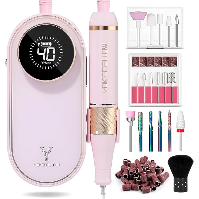 YOKE FELLOW Nail Drill Machine - 40000 RPM Electric Nail File Nail Drills for Acrylic Nails Professional with 12 Drill Bits Manicure Pedicure Polishing Nail Drill for Home Use
