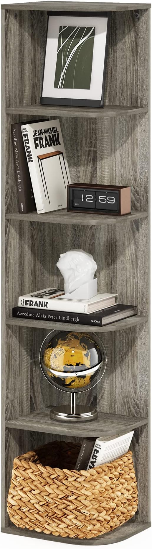 Furinno PASIR Book Shelf, 5-Tier Corner Bookshelf with Open Shelf, Standing Bookcase, 9.3 x 12 x 51.7, for Organization and Storage, for Living Room, Bedroom, Home Office, French Oak