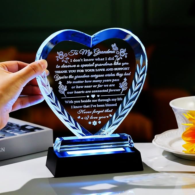 YWHL Gifts for Grandma from Granddaughter Grandkids, Great Grandma Birthday Gifts with Colorful Light Base, Crystal Keepsake Gift Ideas for Grandmother on Christmas Mother's Day