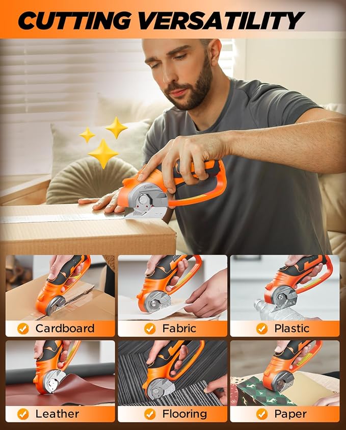 Saker Box Cutter Electric Cordless: Card board Cutter Scissors for Fabric Leather Paper Plastic - Cardboard Cutting Tool with 4V Recharged Battery - Safety Lock and LED Light for Cutting,Orange