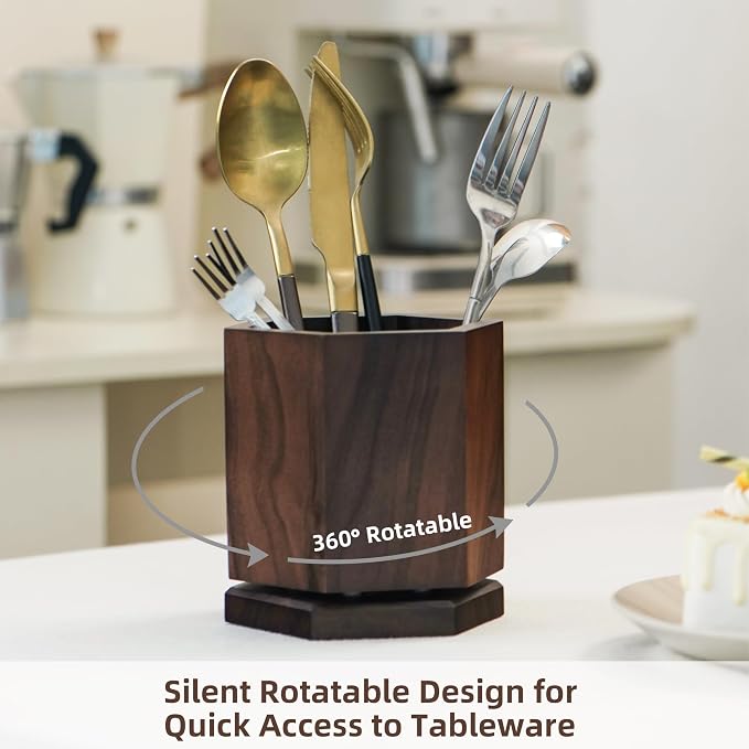 Solid Black Walnut Wood Utensil Holder,Rotating Pen Holder for Desk