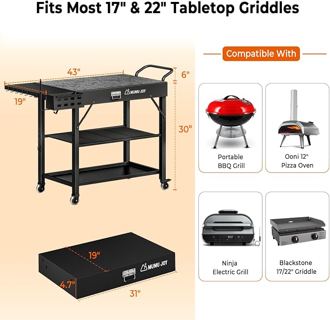 Grill Cart, 19 inch,3 Tier Foldable Grill Table with Wheels 500 Lb | Tool-Free Setup and Locking wheels Blackstone Table adds prep space for 17” or 22” Blackstone, Ninja, Cuisinart, Ooni Grills