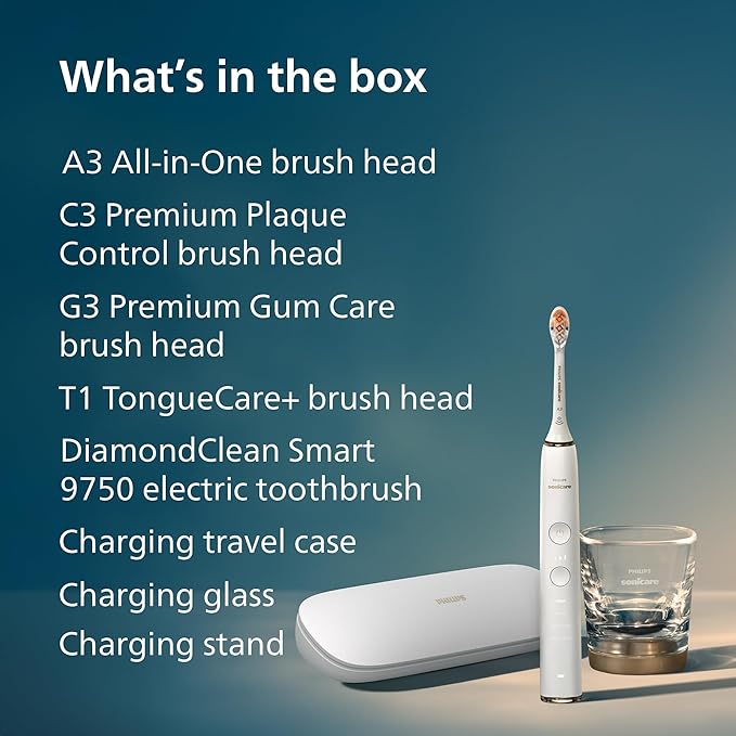 Philips Sonicare DiamondClean Smart 9750 Electric Toothbrush - Sonic Toothbrush with App, Pressure Sensor, 15 Brushing Settings, Replacement Reminder, USB Charging Travel Case, Rose Gold, HX9924/67
