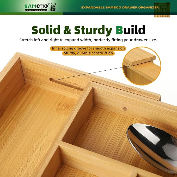 BAMOTTO CRAFTBAMBOO Expandable Bamboo Kitchen Drawer Organizer – Silverware Organizer, Utensil Holder & Cutlery Tray Drawer Dividers for Flatware (20"x16.9" Large Size, 8 Slot, Natural)