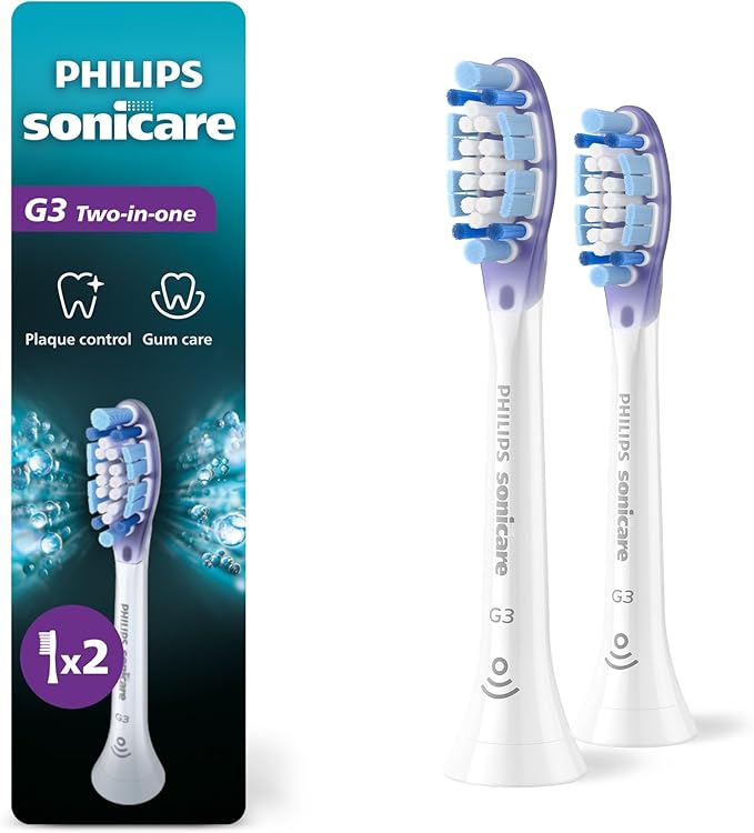 Philips Sonicare G3 2-in-1 Plaque Removal + Gum Care Brush Heads, Genuine Replacement Toothbrush Heads, White, 2 Pack, HX9052/65