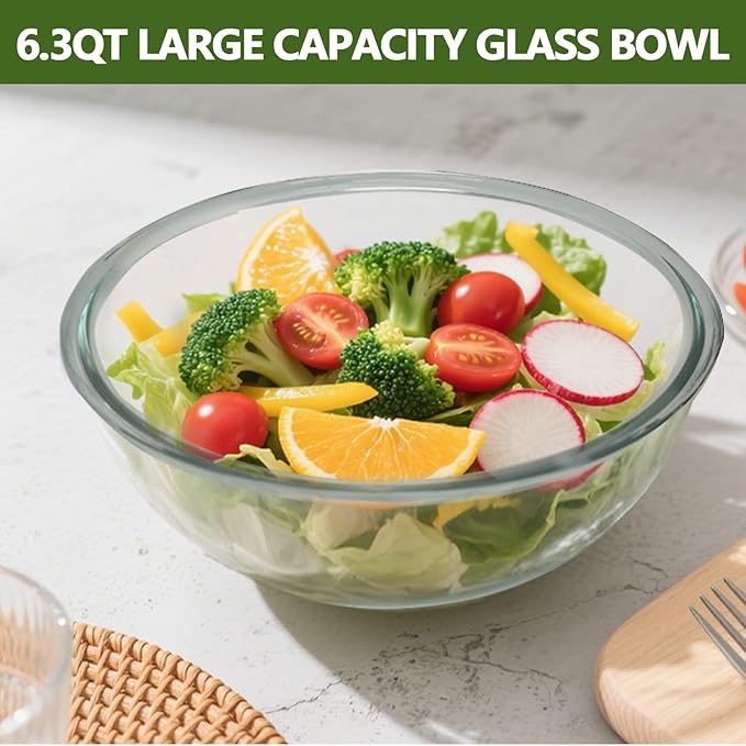 6.3Quart Large Glass Mixing Bowl with Lid, Clear Large Salad Bowls Glass Big Mixing Bowls for Kitchen