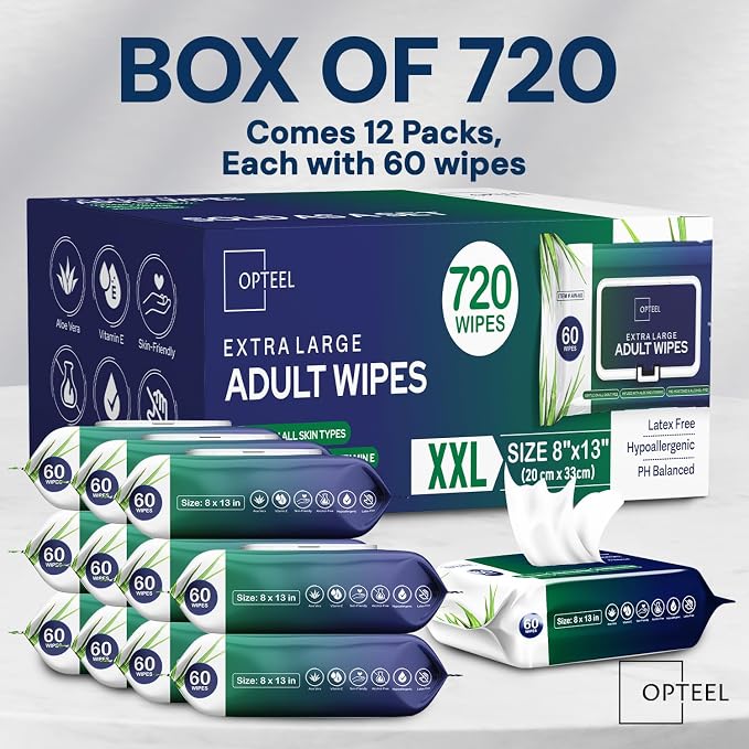 OPTEEL Adult Wipes For Elderly - 8"x13" Extra Large & Soft Wet Wipes for Adults Bathing - Incontinence Disposable Washcloths, Vitamin E & Aloe Infused for Men & Women 720ct (12 Packs of 60)