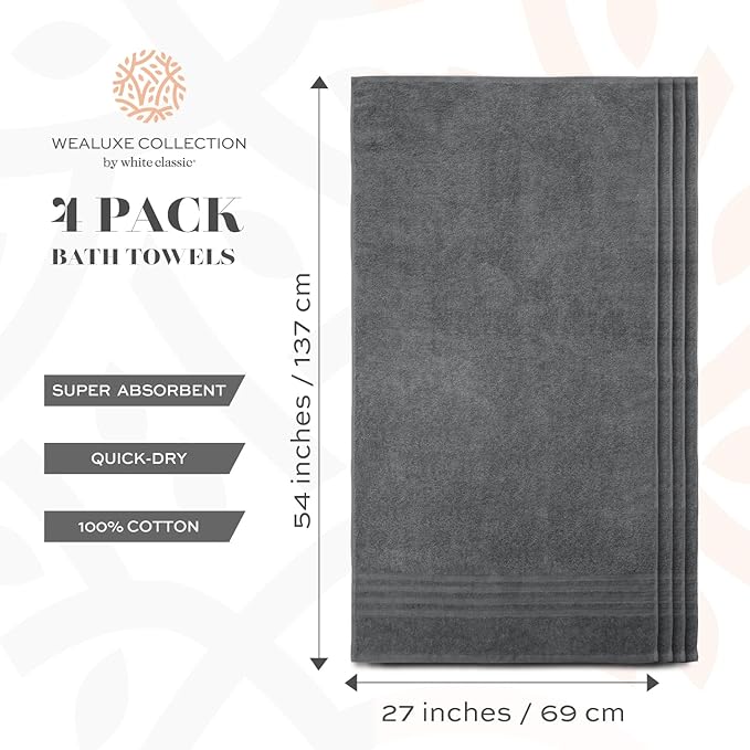 White Classic Wealuxe Grey Bath Towels Set of 4, Cotton Body Towel for Hotel, Gym, Spa, Soft Extra Absorbent Quick Dry Towels for Bathroom 27x54 Inch