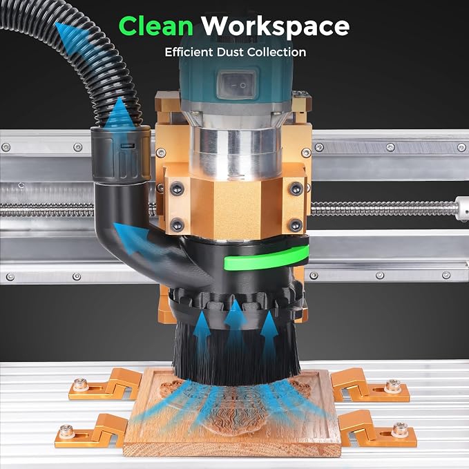 CNC Dust Shoe for 65mm & 69mm Spindles, Dual Brush, 1.5in Port | Improves CNC dust collection with 65/69mm spindle fit, dual brush sealing, magnetic access and quick-lock installation.