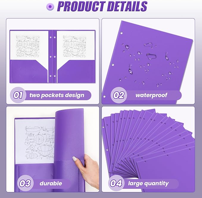 Yeaqee 72 Pcs Plastic Folders with Pockets Bulk 3 Hole Punched 2 Pocket File Folders for 3 Ring Binder Divider Folder for Notebooks, Durable Poly for Office Home (Purple)