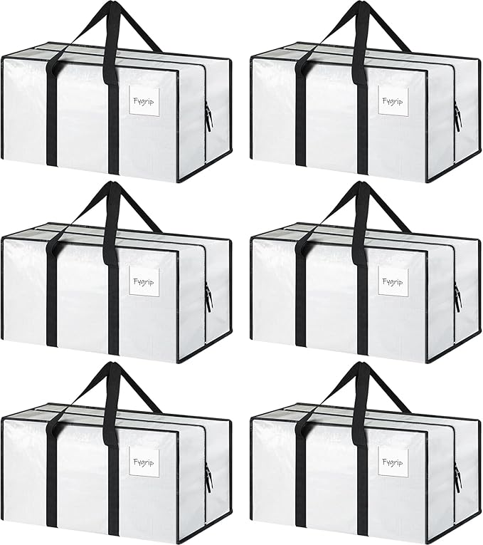 6 Pack Extra Heavy Duty Large Moving Bags with Strong Zipper, White | Comfortable Handles, Sturdy & Durable Clothes Storage Bags Totes Bins, Blue Packing Moving Boxes for College Supplies