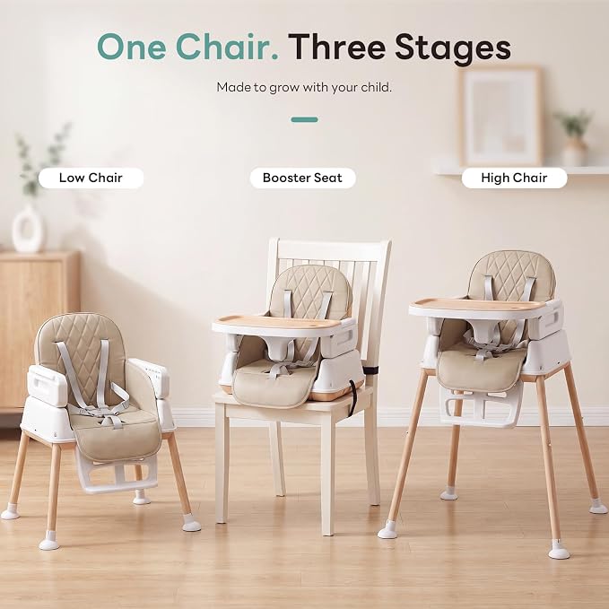 Baby High Chair for Babies and Toddlers, 3-in-1 Convertible Highchair with Built-in Leg Storage, Compact Pack-Away Design, Baby Eating Feeding Chair, Silla De Comer para Bebe, Beige