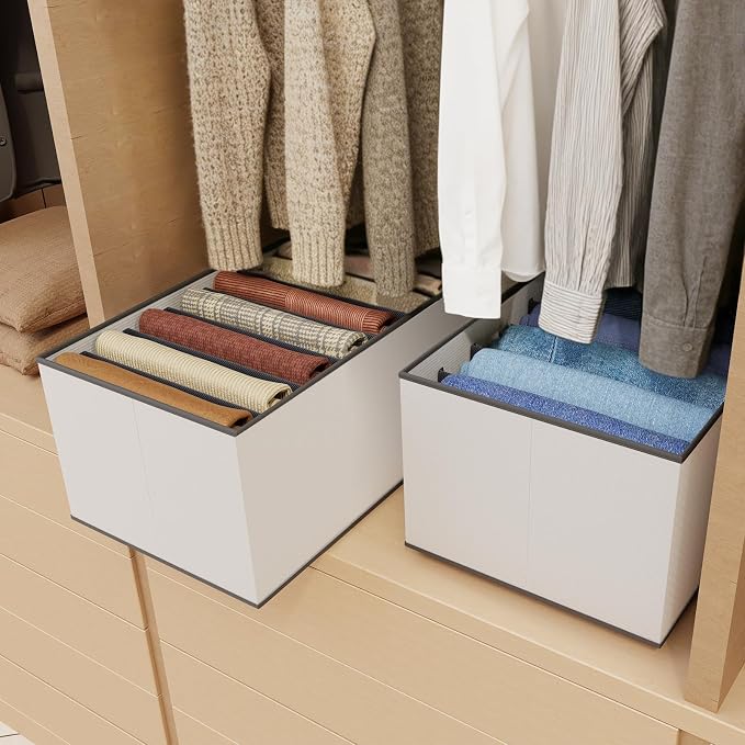 EASEVE 2 Pack Wardrobe Closet Organizer and Storage for Clothes - 7 Grids Foldable Drawer Dividers Organizers for Jeans | Pants | Shirts | Leggings, Stackable Clothing Bins for Closets Organization