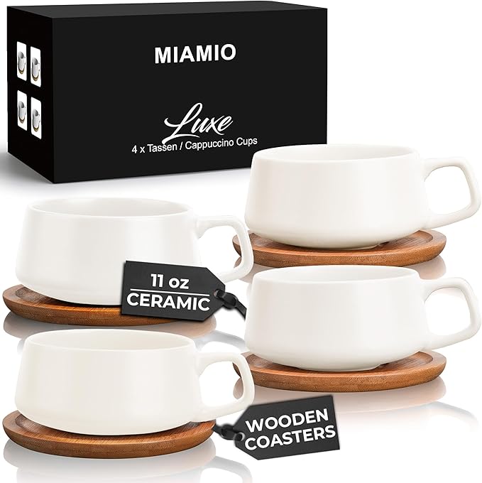 MIAMIO - Cappuccino Cup Set of 4, Ceramic, Wide (9.5oz) - Luxe (White) | Ceramic cappuccino cups and saucers, wide latte cups and mugs for Americano, 4-piece set of ceramic cups, dishwasher safe