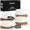 MIAMIO - Cappuccino Cup Set of 4, Ceramic, Wide (9.5oz) - Luxe (White) | Ceramic cappuccino cups and saucers, wide latte cups and mugs for Americano, 4-piece set of ceramic cups, dishwasher safe